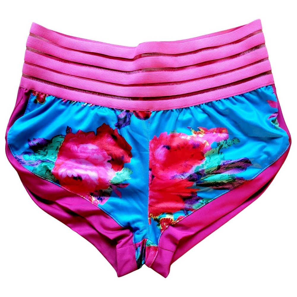 High-Waist Booty Floral Athletic Short Shorts in Fuchsia and Turquoise Festival